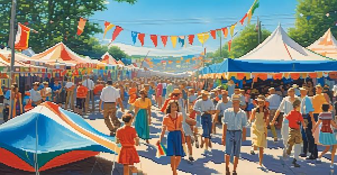 A lively summer festival scene from the 1990s with colorful tents and dancing people.