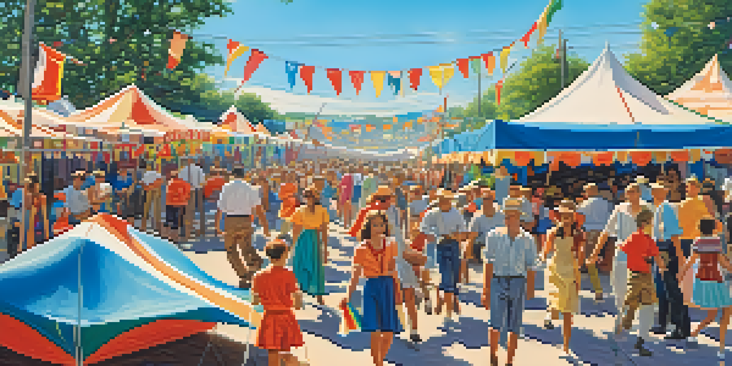 A lively summer festival scene from the 1990s with colorful tents and dancing people.