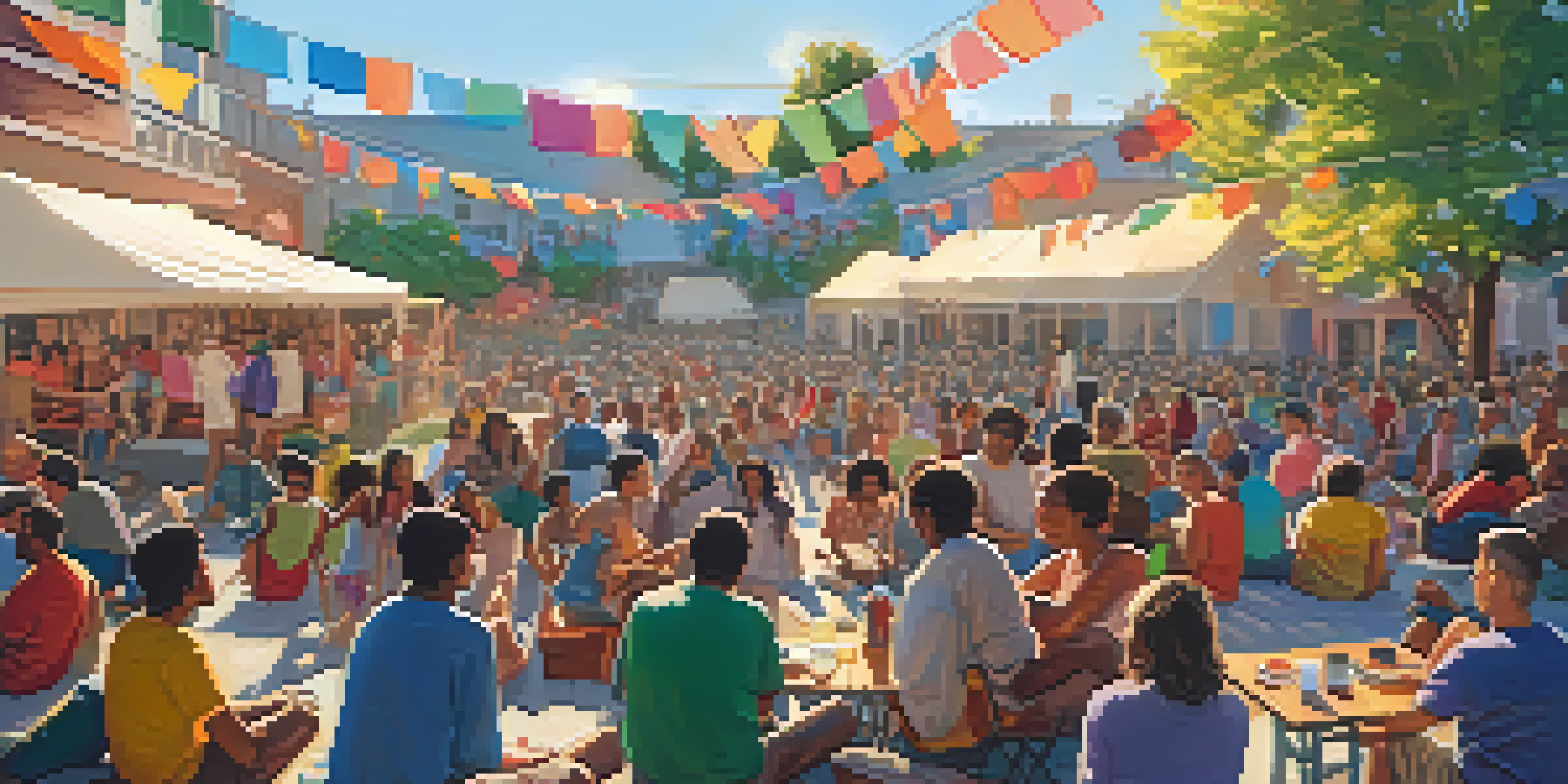 A lively outdoor film festival with diverse participants, colorful banners, and large screens showing film clips under warm sunlight.