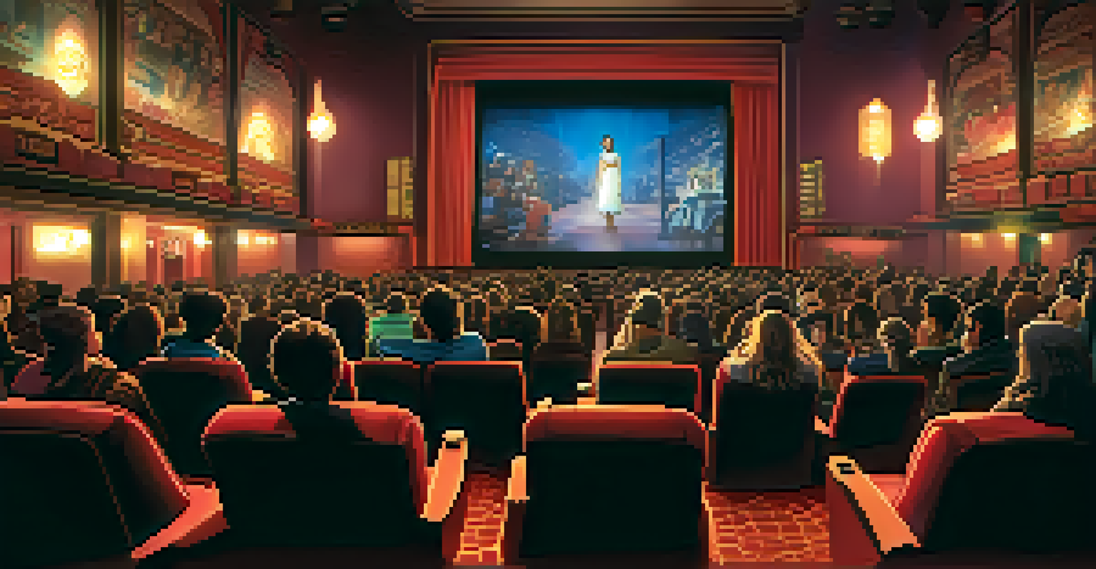 An audience in a movie theater watching a culturally adapted film, surrounded by posters of international movies and a glowing screen.