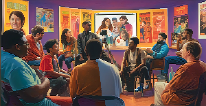 A diverse group of actors, including individuals with disabilities, discussing on a film set with colorful movie posters in the background.