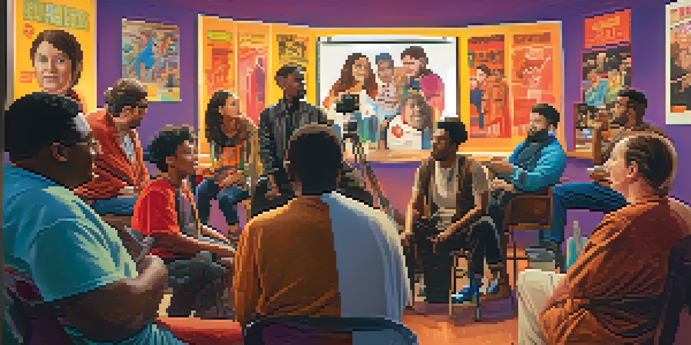 A diverse group of actors, including individuals with disabilities, discussing on a film set with colorful movie posters in the background.