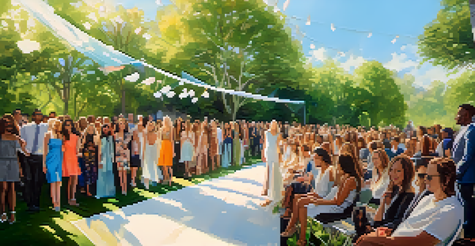 A diverse group of celebrities at an eco-friendly fashion show with a runway made of recycled materials, surrounded by lush greenery and colorful banners promoting environmental awareness.