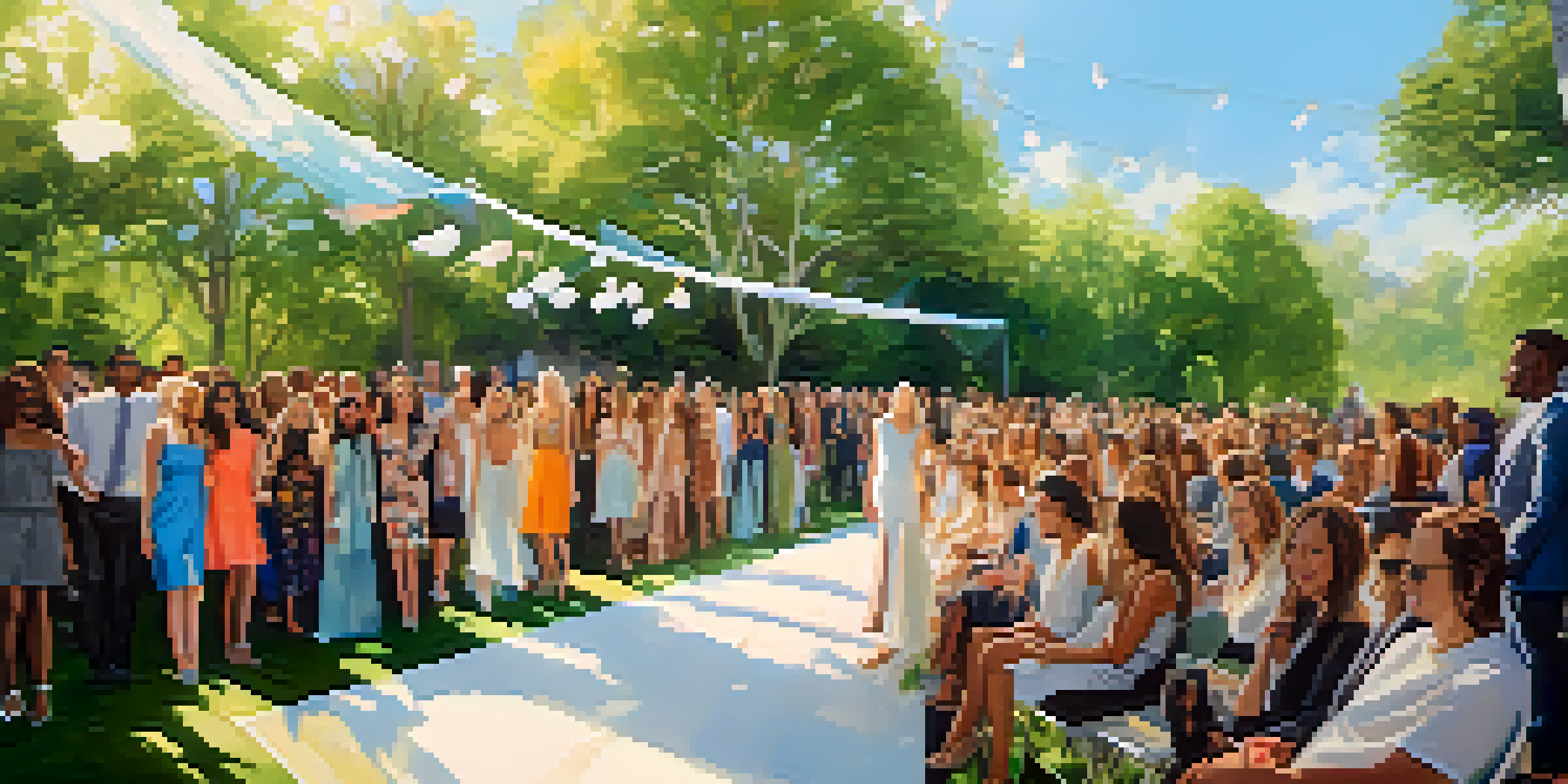 A diverse group of celebrities at an eco-friendly fashion show with a runway made of recycled materials, surrounded by lush greenery and colorful banners promoting environmental awareness.
