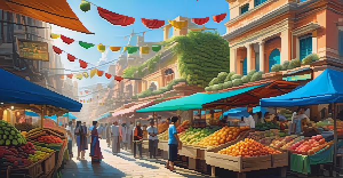 A colorful animated marketplace with various stalls and diverse characters interacting under a sunny sky.