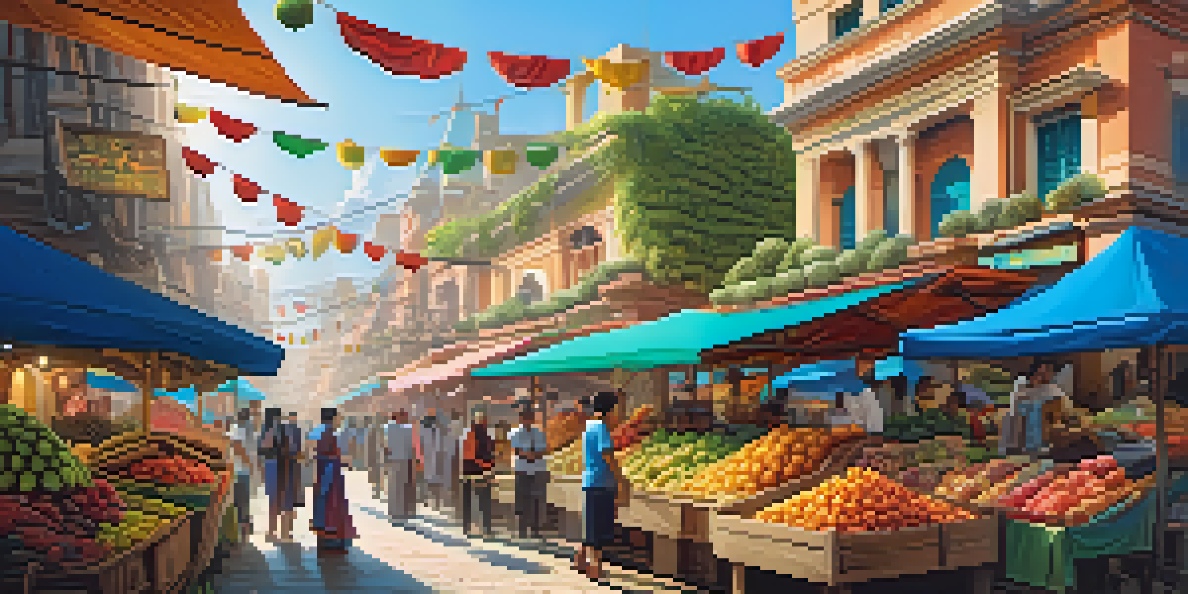 A colorful animated marketplace with various stalls and diverse characters interacting under a sunny sky.