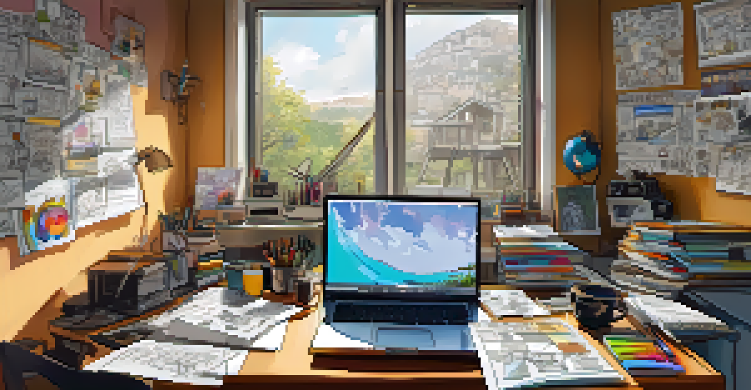 An artist's workspace with sketches and storyboards for a new TV show, filled with creative materials and natural light.