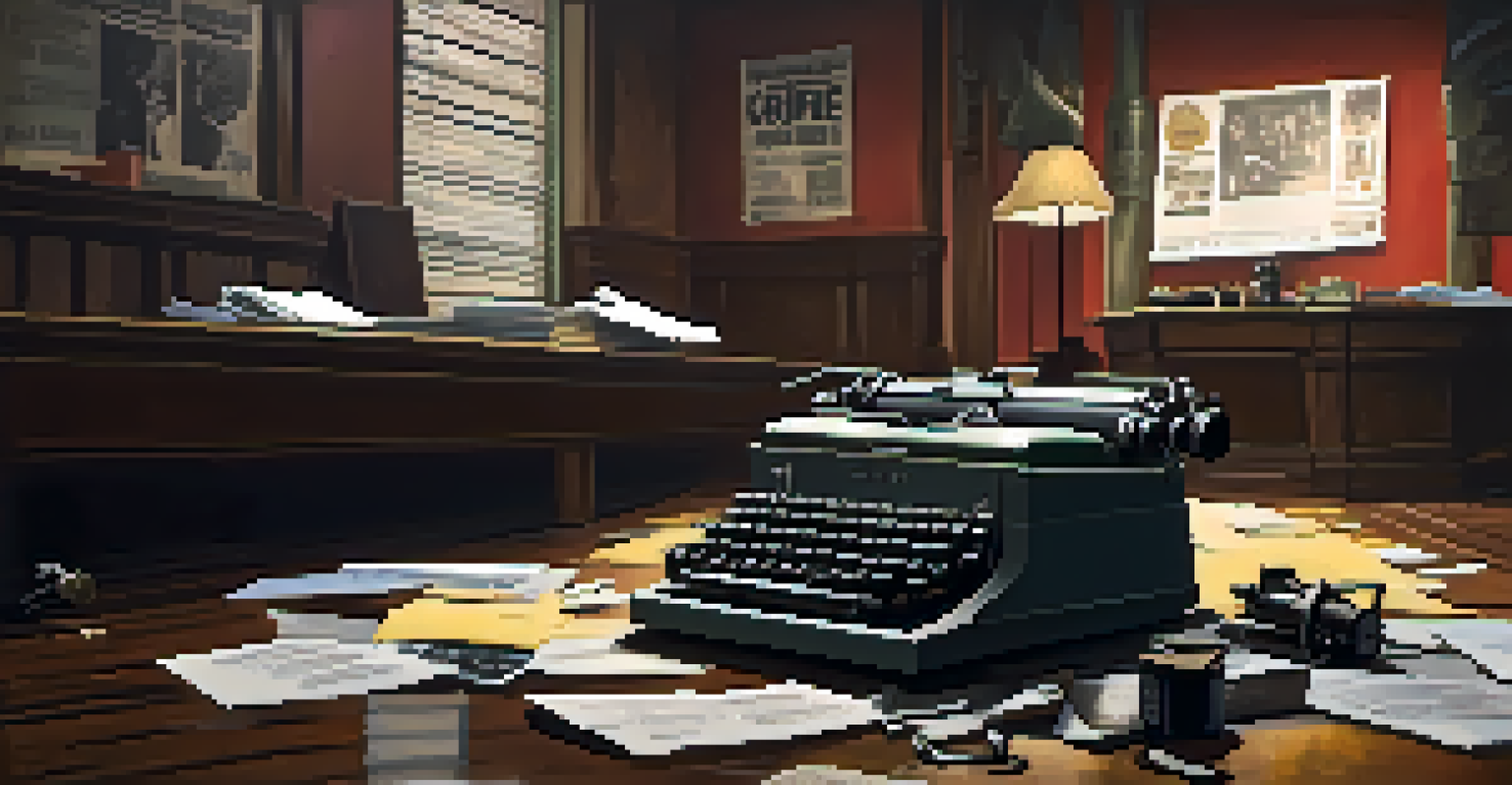 A vintage film set with a typewriter and scattered papers, representing a crime scene, dimly lit with a true crime movie poster in the background.