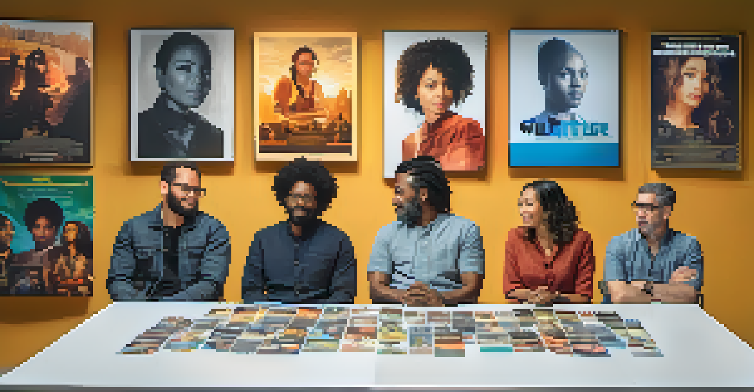 A film discussion panel with diverse filmmakers seated at a round table, sharing insights about representation in cinema in a well-lit studio.