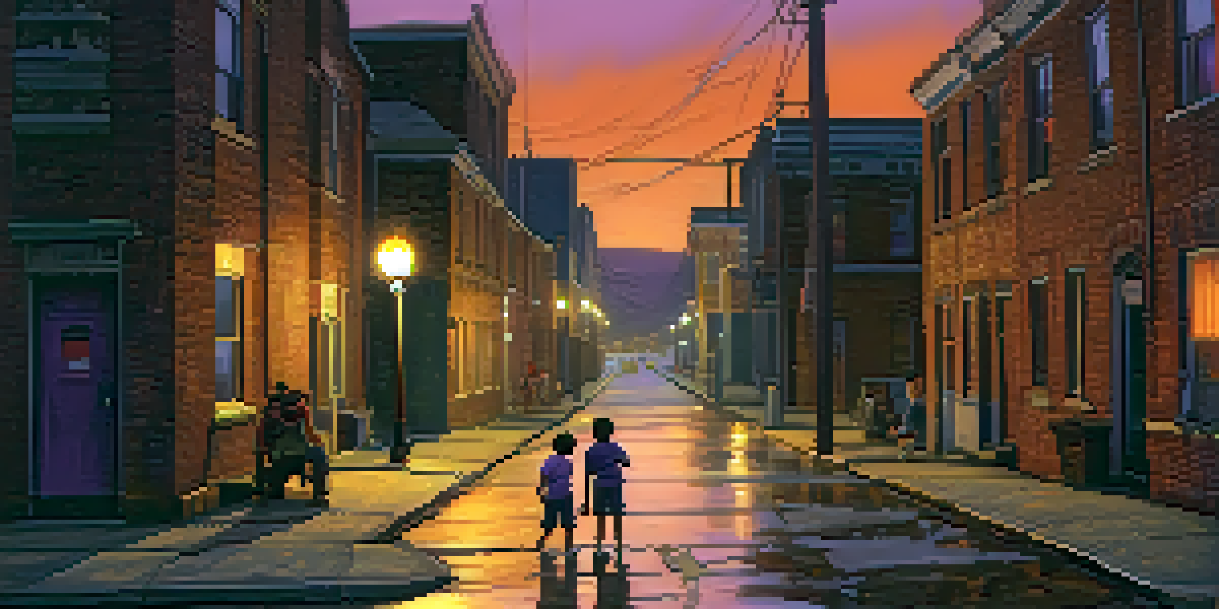 A children playing in a dimly lit, impoverished urban street at dusk, showcasing resilience.