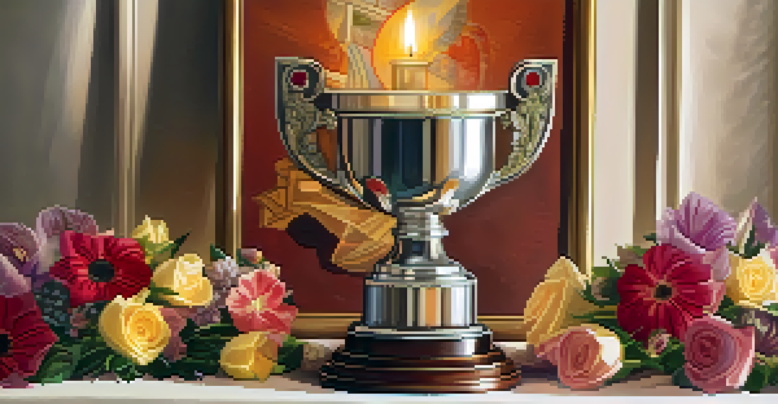 A close-up of an award trophy on a table, surrounded by flowers and candles, symbolizing diversity and creativity in the entertainment industry.