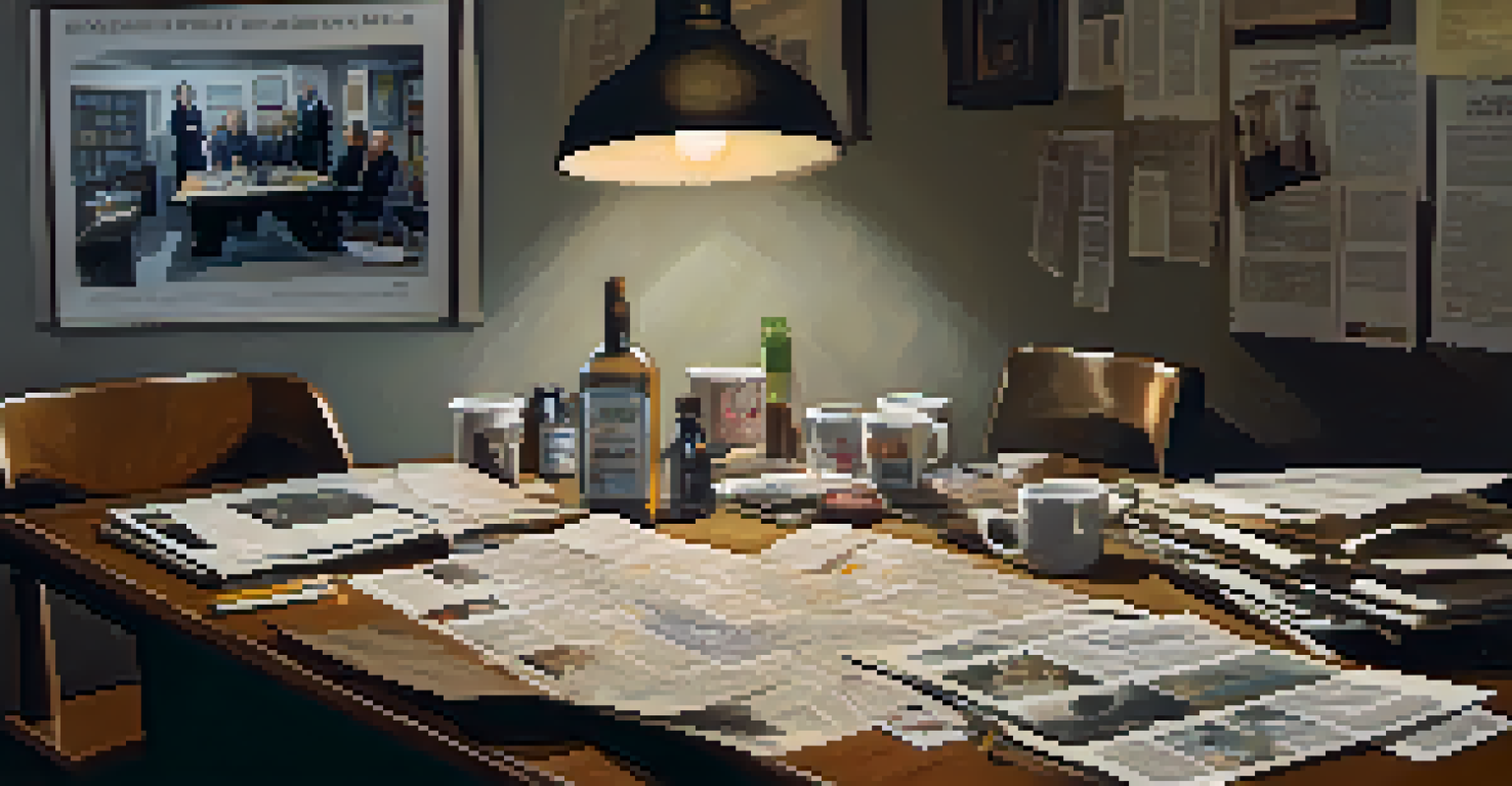 A table with crime evidence like photographs and newspaper clippings, with a blurred figure observing in the background.