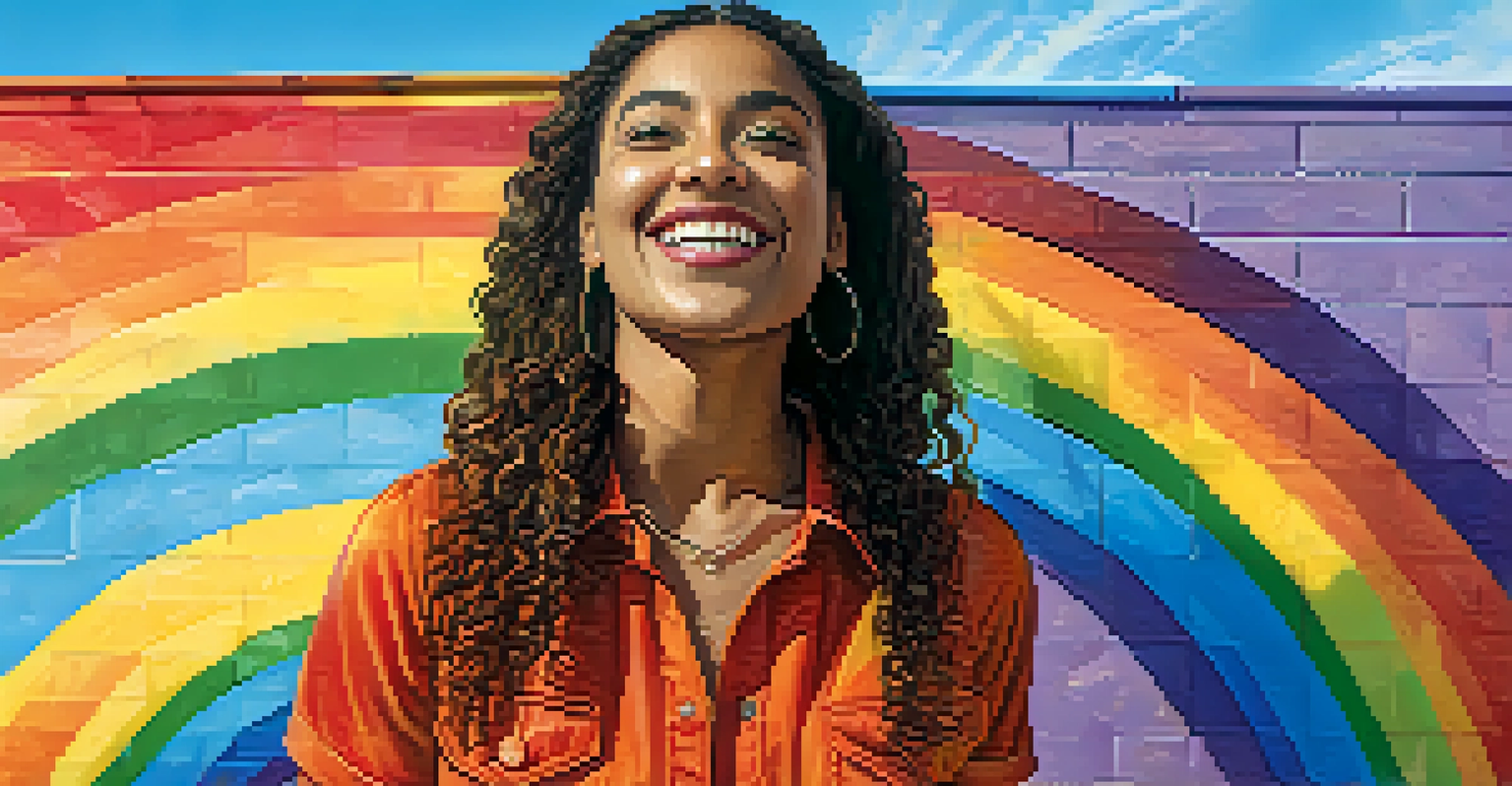 A joyful LGBTQ+ individual in front of a colorful rainbow mural, illuminated by warm sunlight.