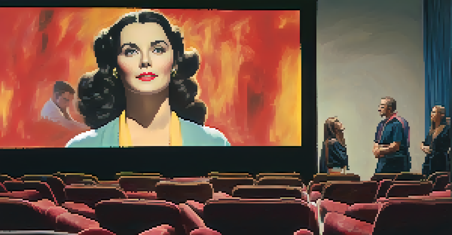 A side-by-side comparison of a restored classic film scene and its original faded state, with an audience captivated in the foreground.