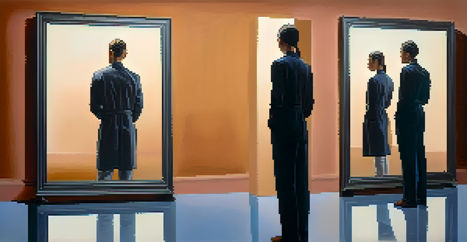 Two identical figures standing opposite each other in front of a mirror, symbolizing the theme of cloning in a softly illuminated, warm-toned environment.