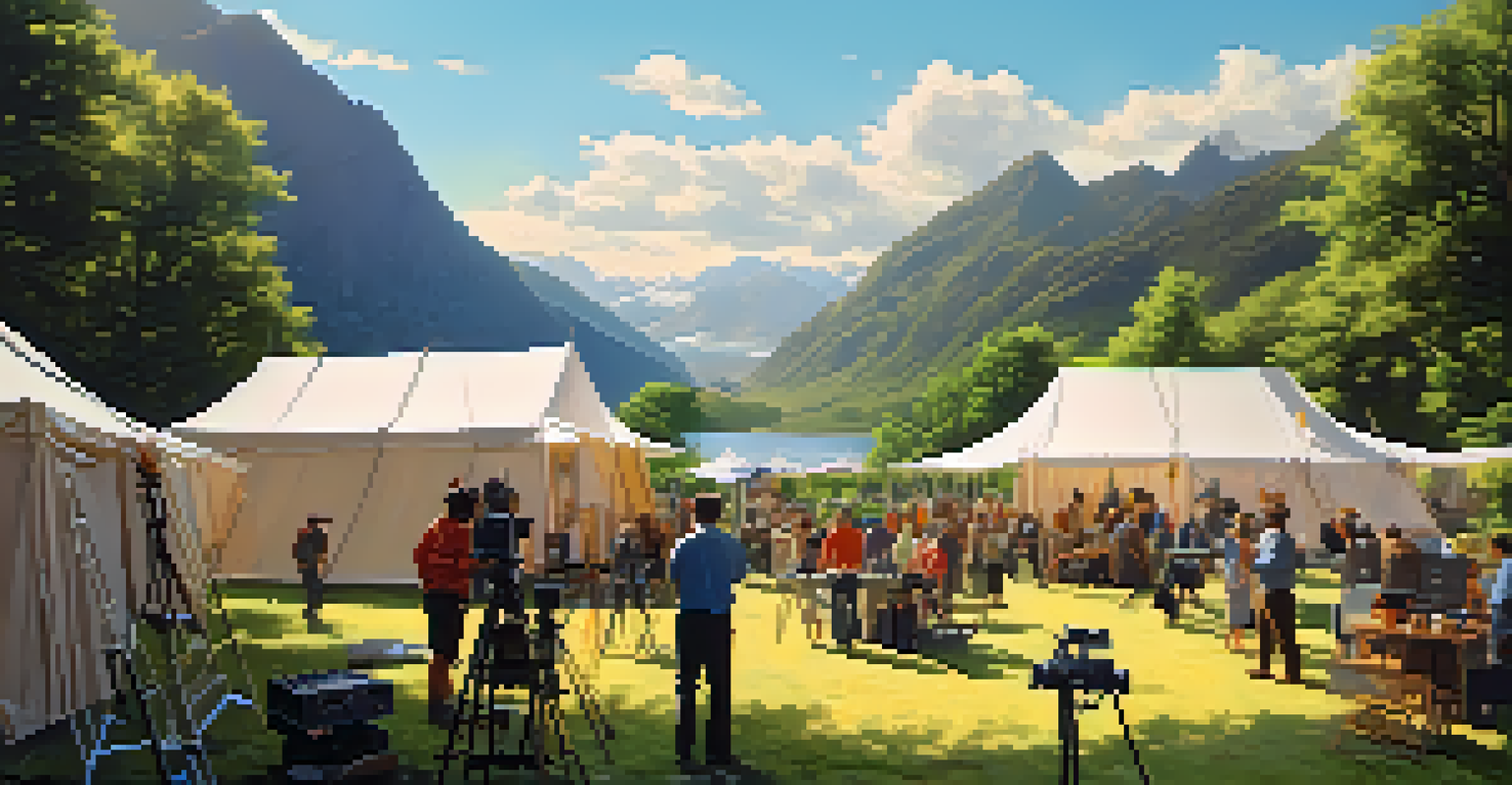 A film set in a beautiful outdoor location with crew members preparing equipment under a clear sky.