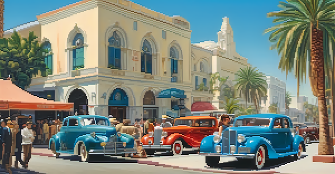 A colorful street scene in early 20th century Hollywood with diverse people, vintage cars, and film studios.