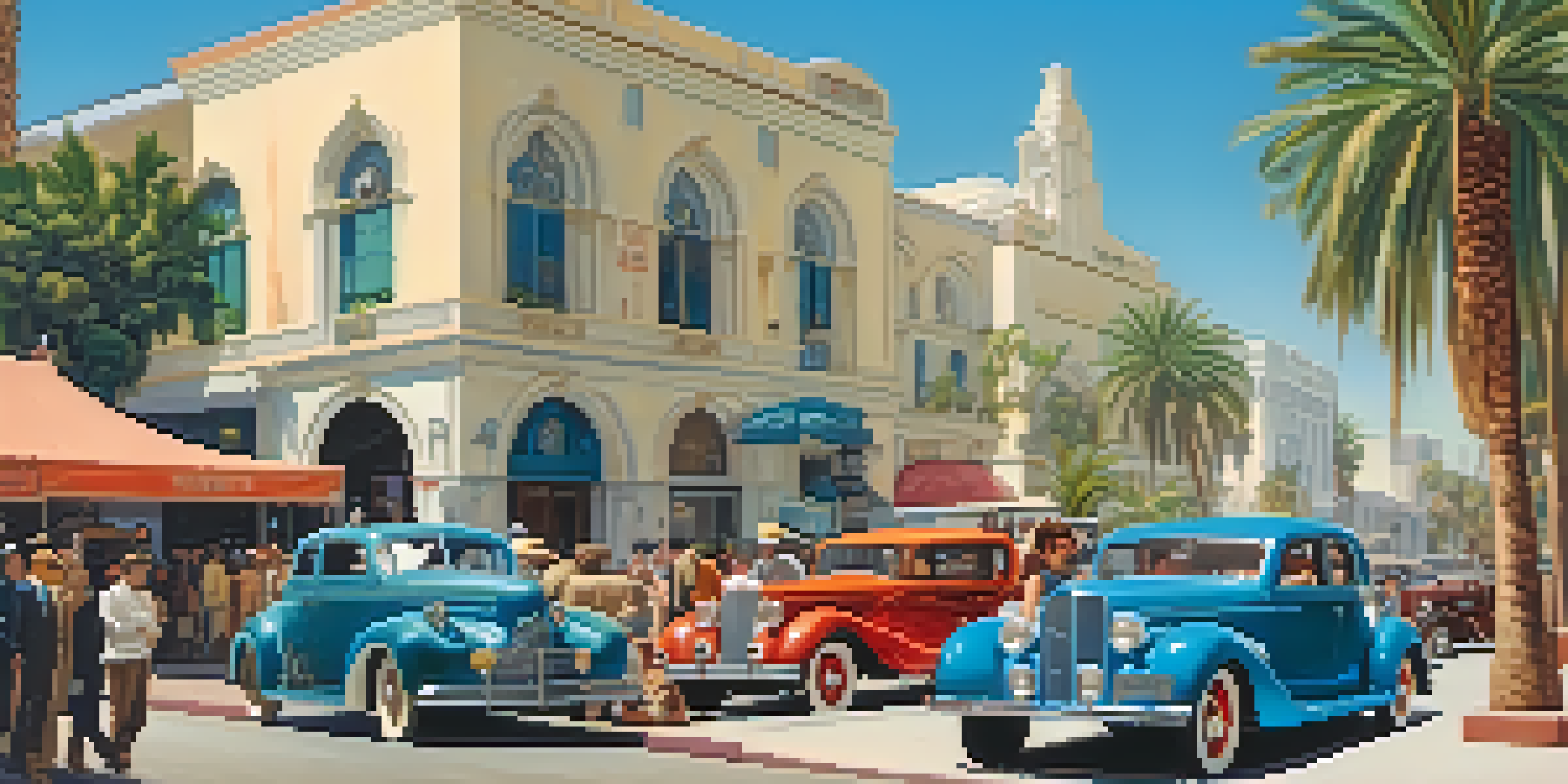 A colorful street scene in early 20th century Hollywood with diverse people, vintage cars, and film studios.