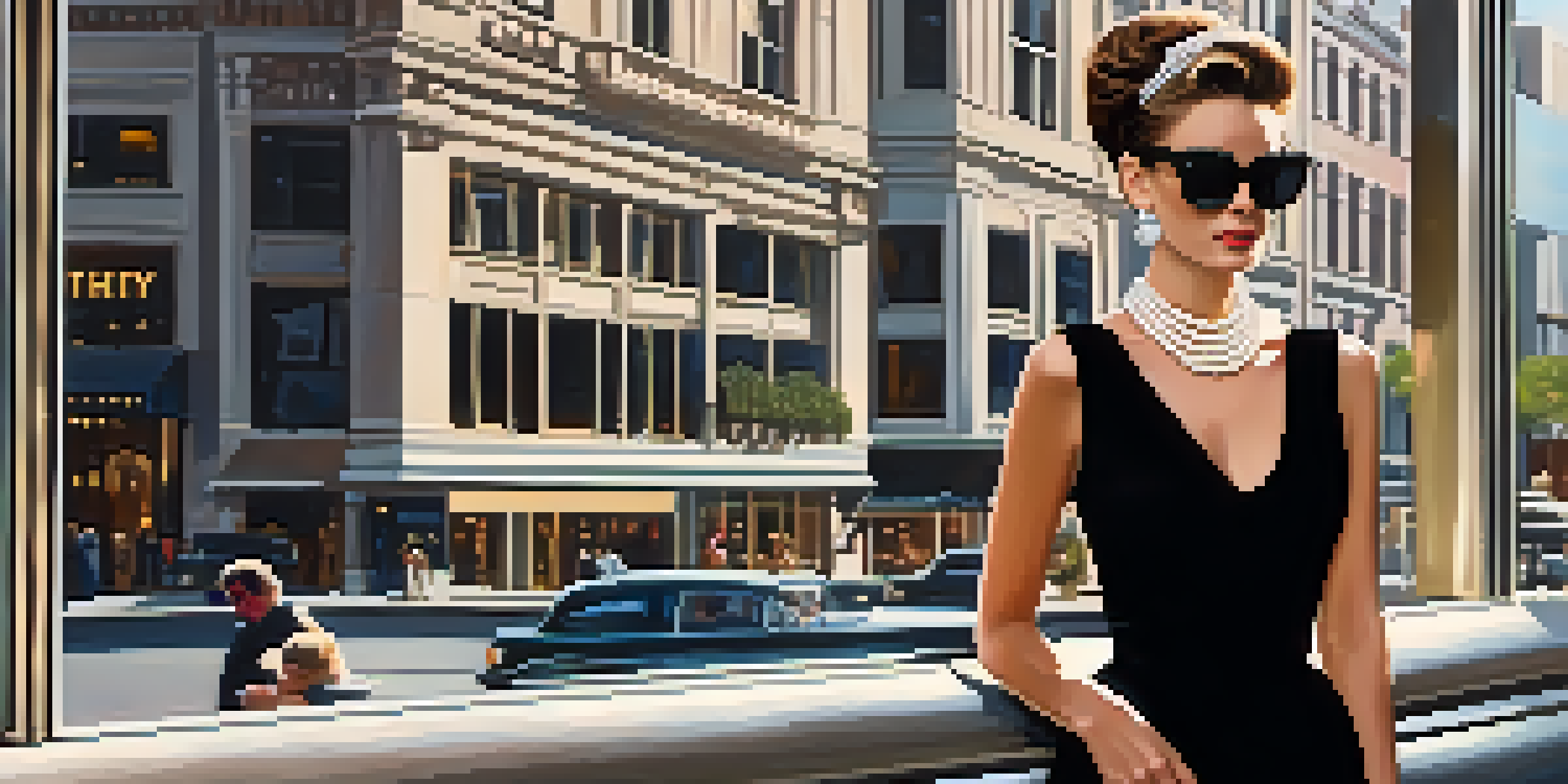 A stylish woman in a black dress and pearls standing outside a jewelry store in New York City, bathed in soft morning light.