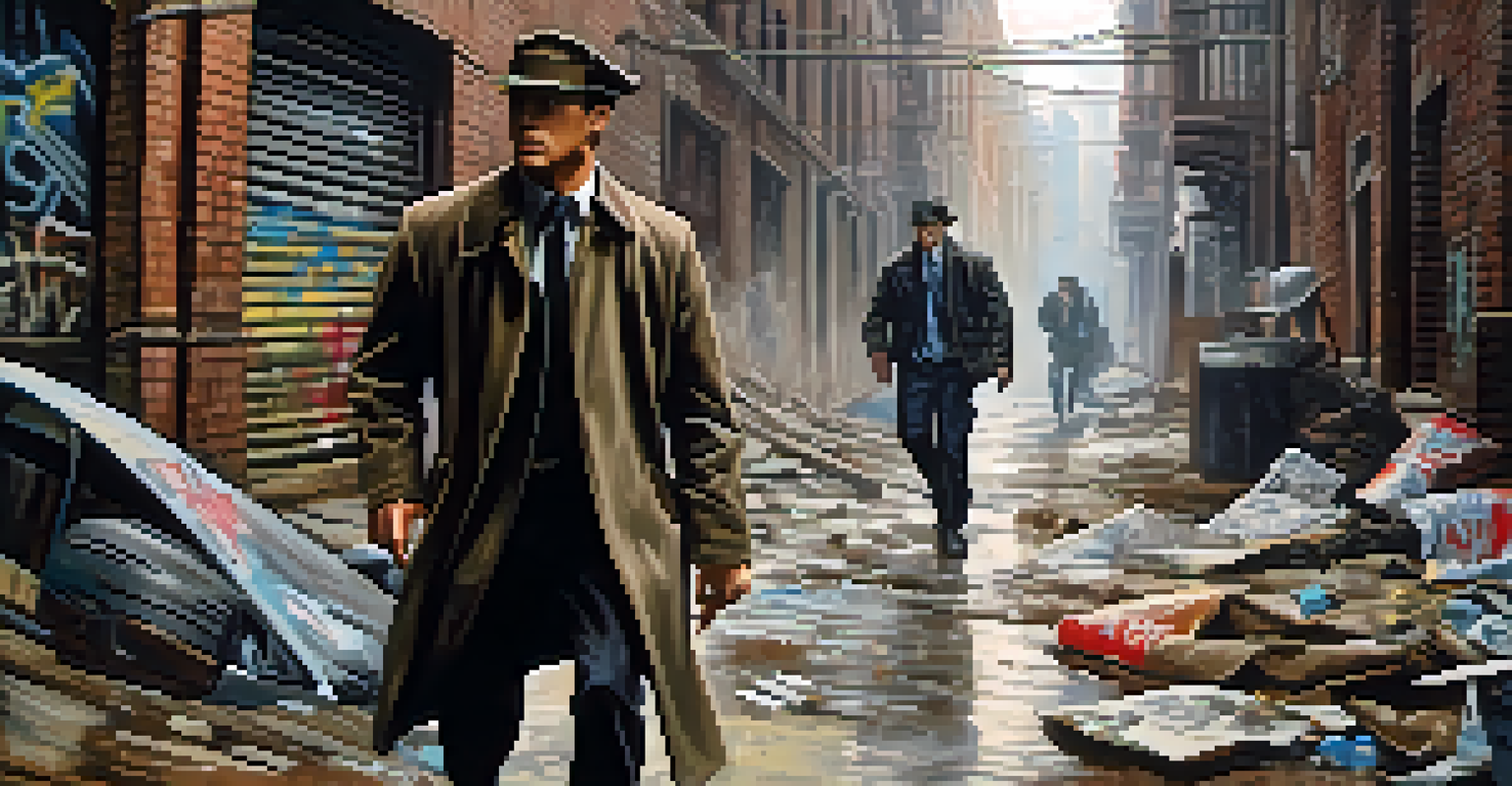 A close-up of a determined detective in an alley during a thrilling chase, with blurred figures behind him and graffiti on the walls.
