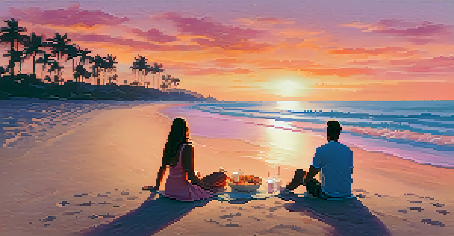 Two LGBTQ+ couples enjoying a sunset at the beach, one walking along the shore and the other sitting on a blanket, with colorful skies and palm trees in the background.