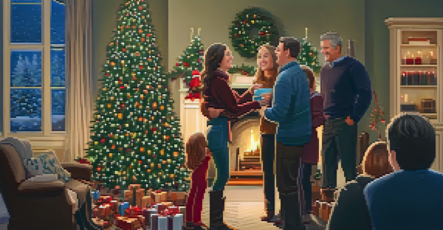 A family joyfully reuniting during a holiday gathering, with a decorated Christmas tree and warm lighting.