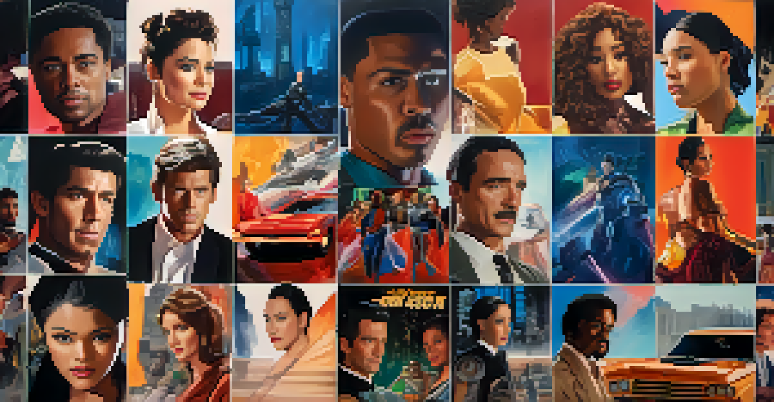 A collage of iconic scenes from diverse films, highlighting characters from various cultural backgrounds with vibrant colors.