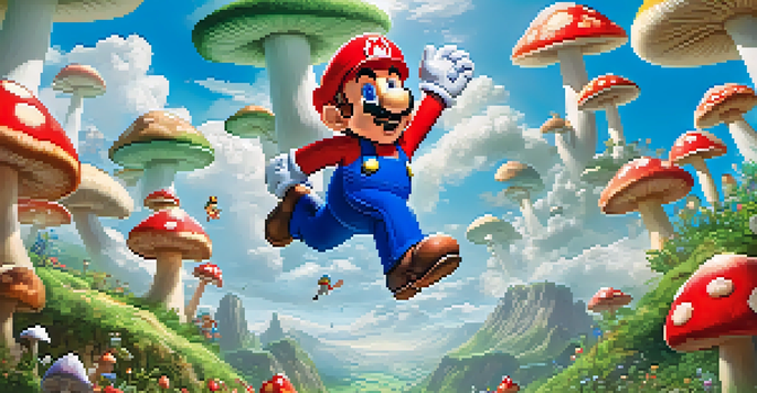 A cartoonish scene of Mario jumping in a colorful Mushroom Kingdom, surrounded by bright mushrooms and greenery.