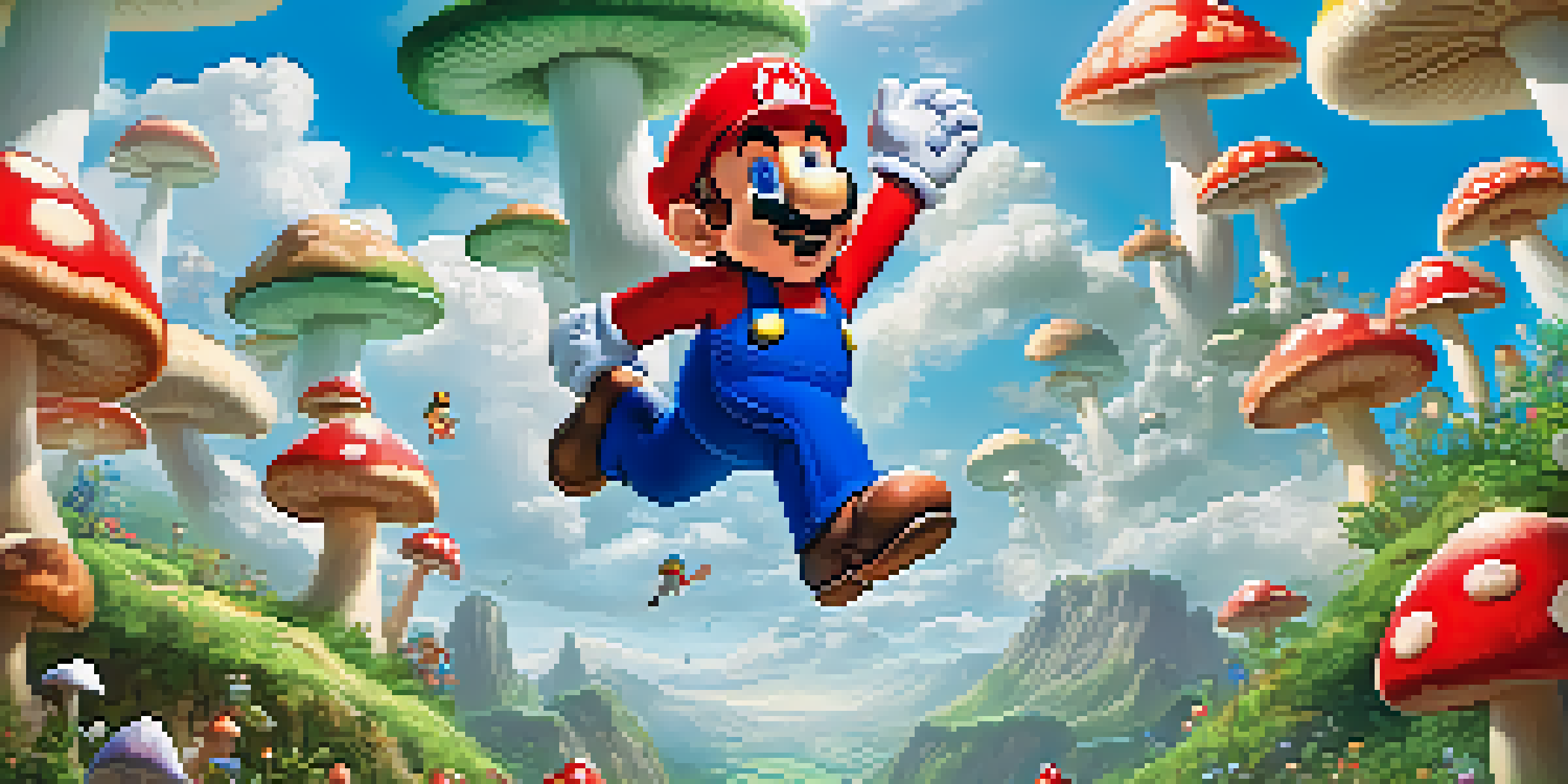 A cartoonish scene of Mario jumping in a colorful Mushroom Kingdom, surrounded by bright mushrooms and greenery.
