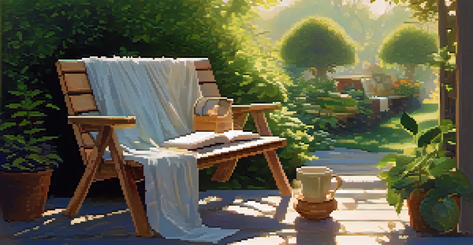 A tranquil outdoor reading nook with a bench, international literature books, and a cup of tea amidst lush greenery.