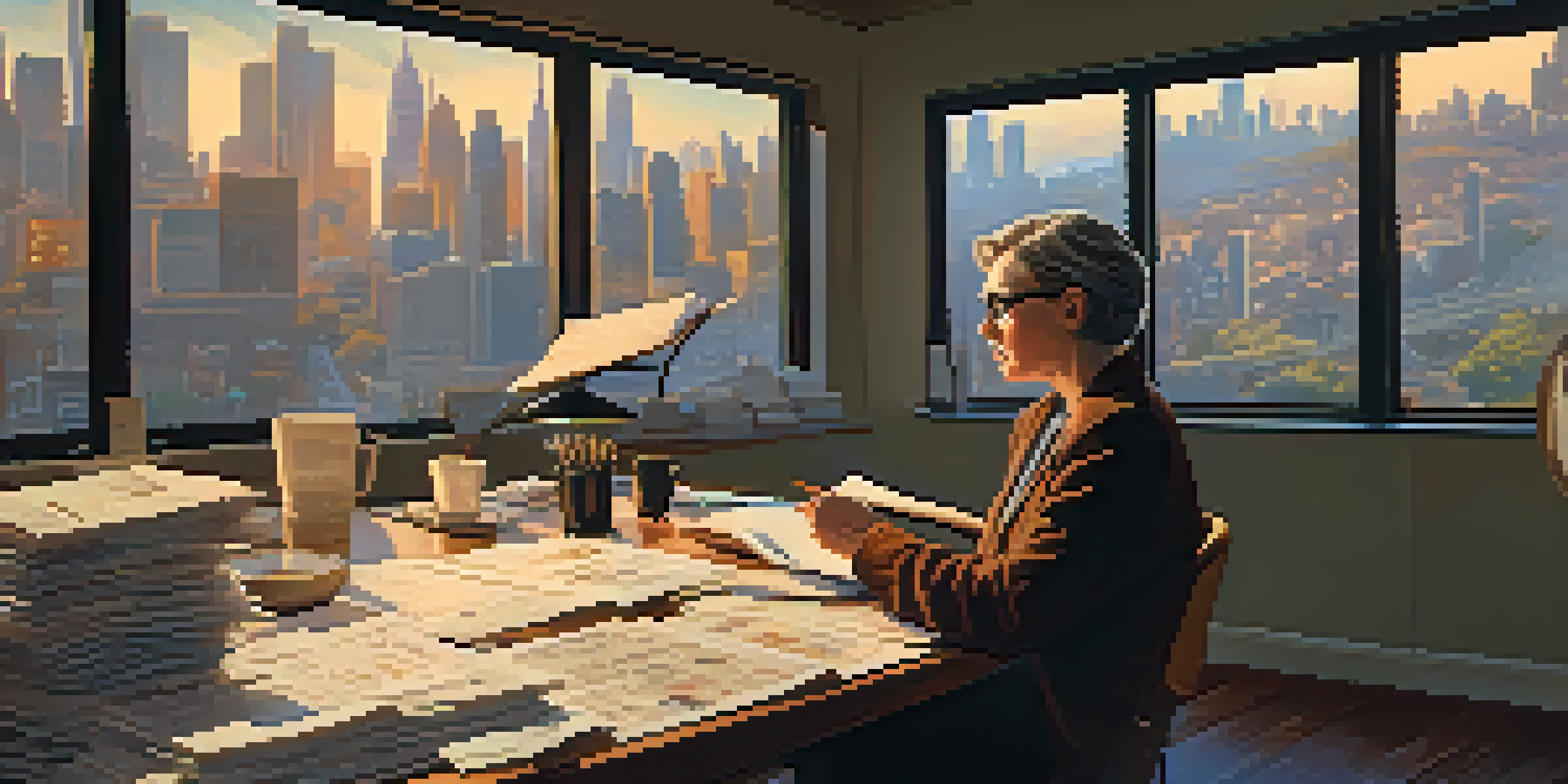 A casting director reviewing headshots and a script in a cozy office filled with film posters and a city view.