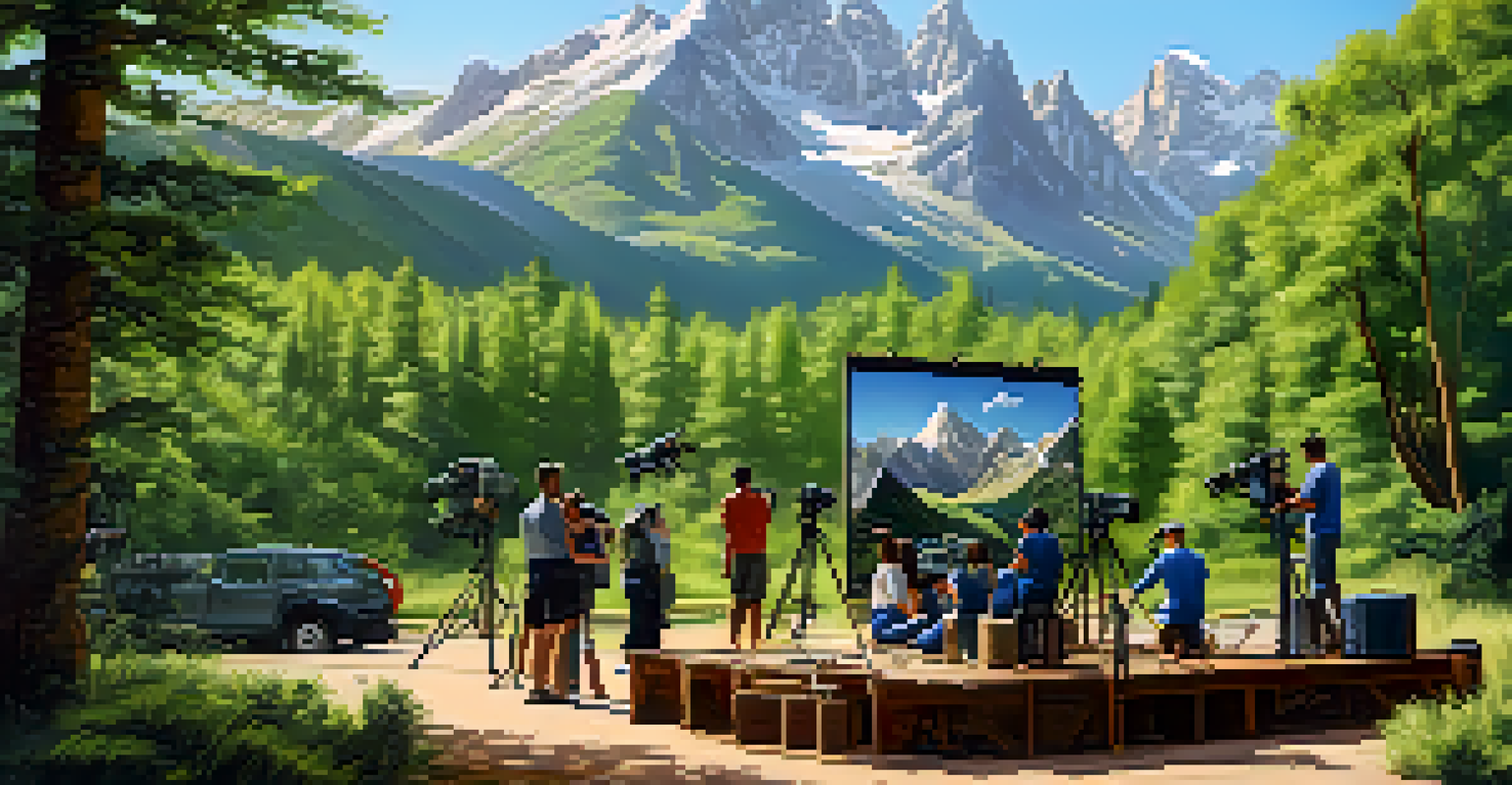 Outdoor film location with crew members setting up in a natural, beautiful landscape.
