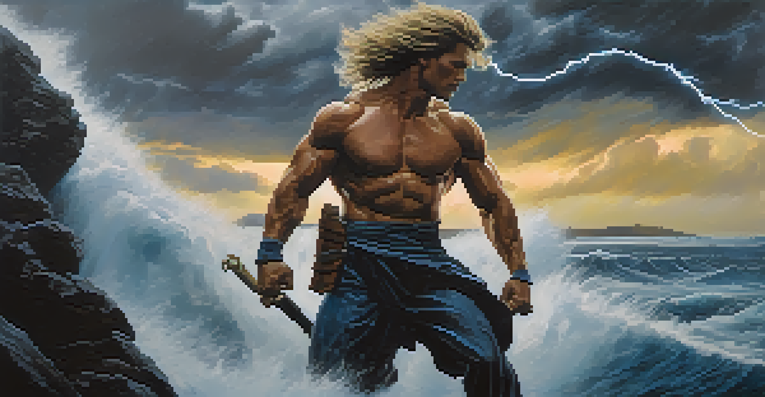 A male action hero stands on a rocky cliff by a stormy ocean, gripping a weapon, with dark clouds and lightning in the sky.