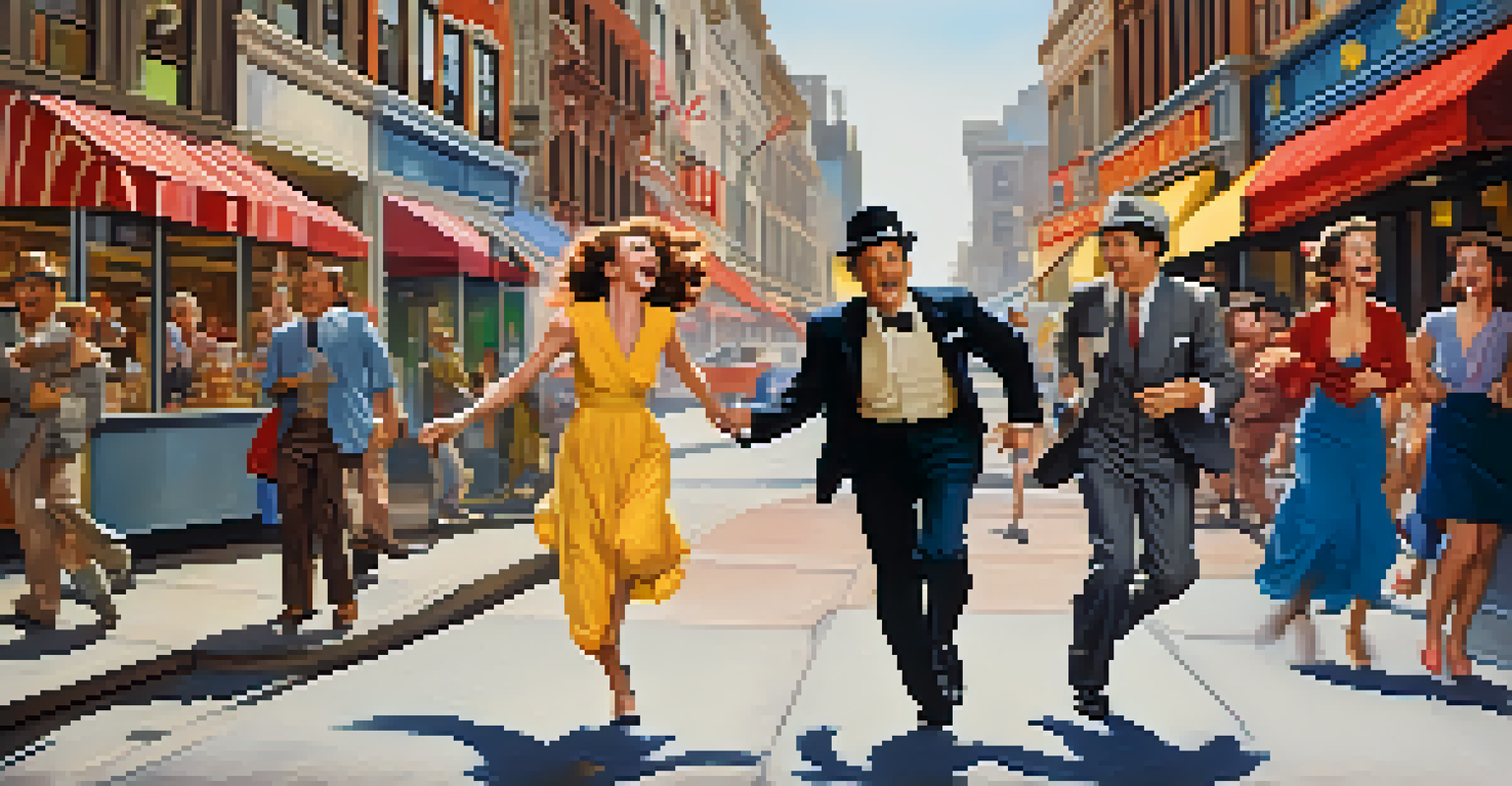Two characters comically chasing each other in a vibrant city street, filled with laughter and surprise.