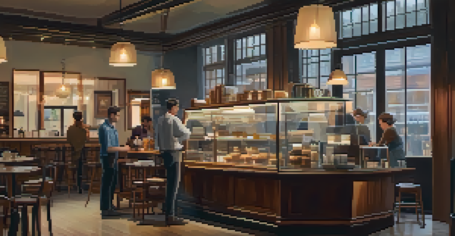A warm and inviting coffee shop interior with patrons, wooden furniture, and a barista at work.
