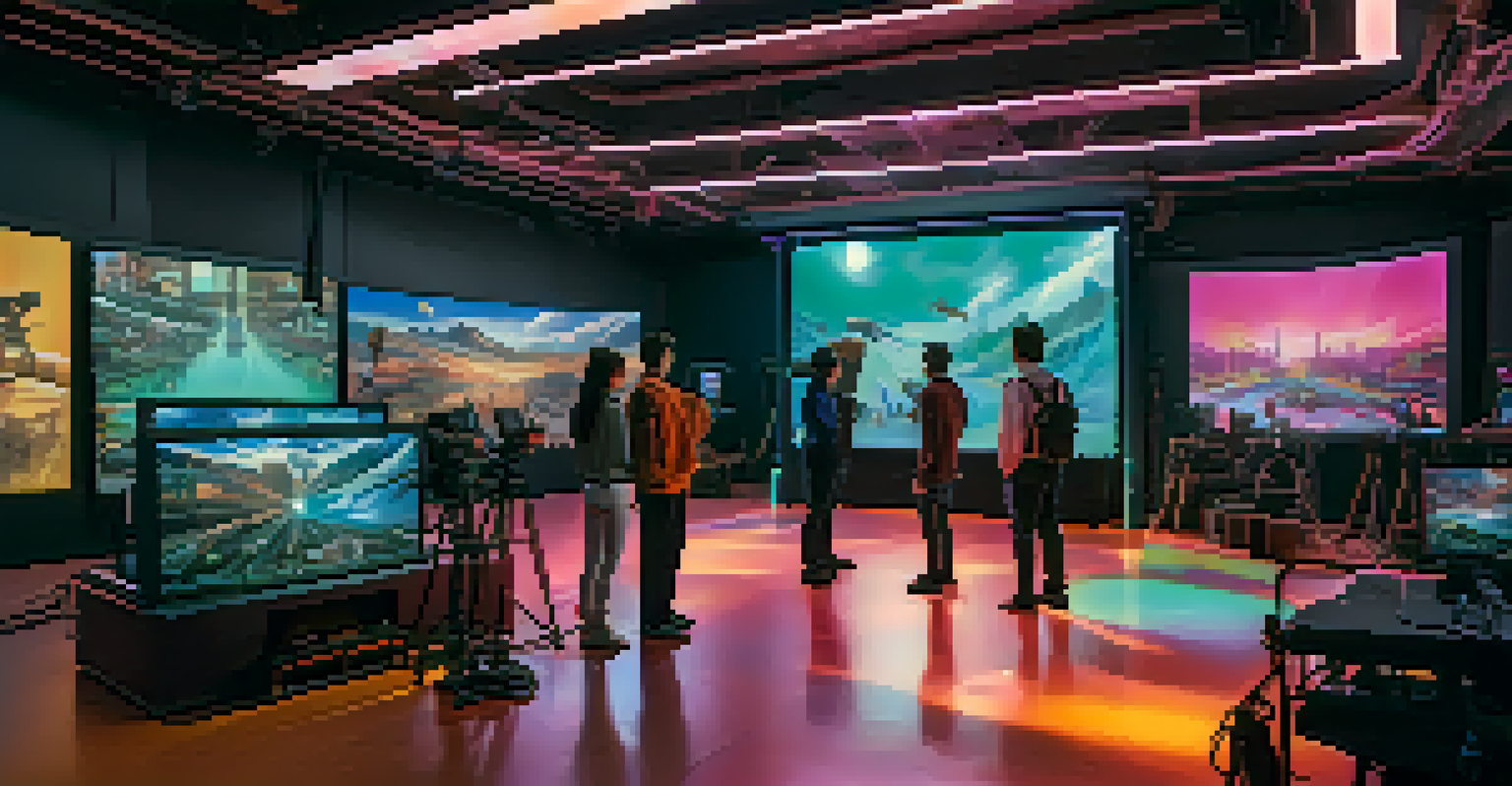 Filmmakers using augmented reality technology in a futuristic film studio.