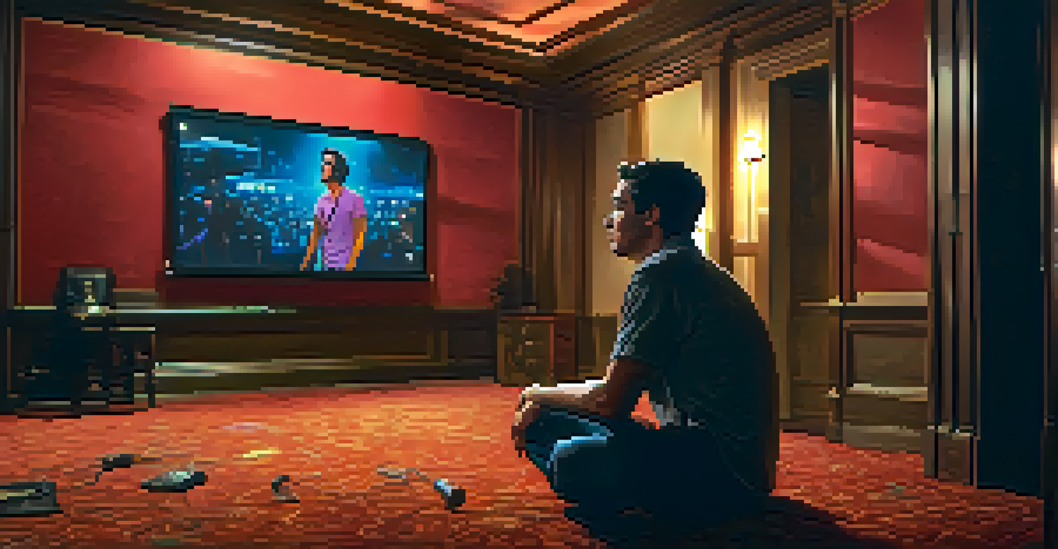 A character watching a movie with an emotional expression, surrounded by a dimly lit room and a large screen.