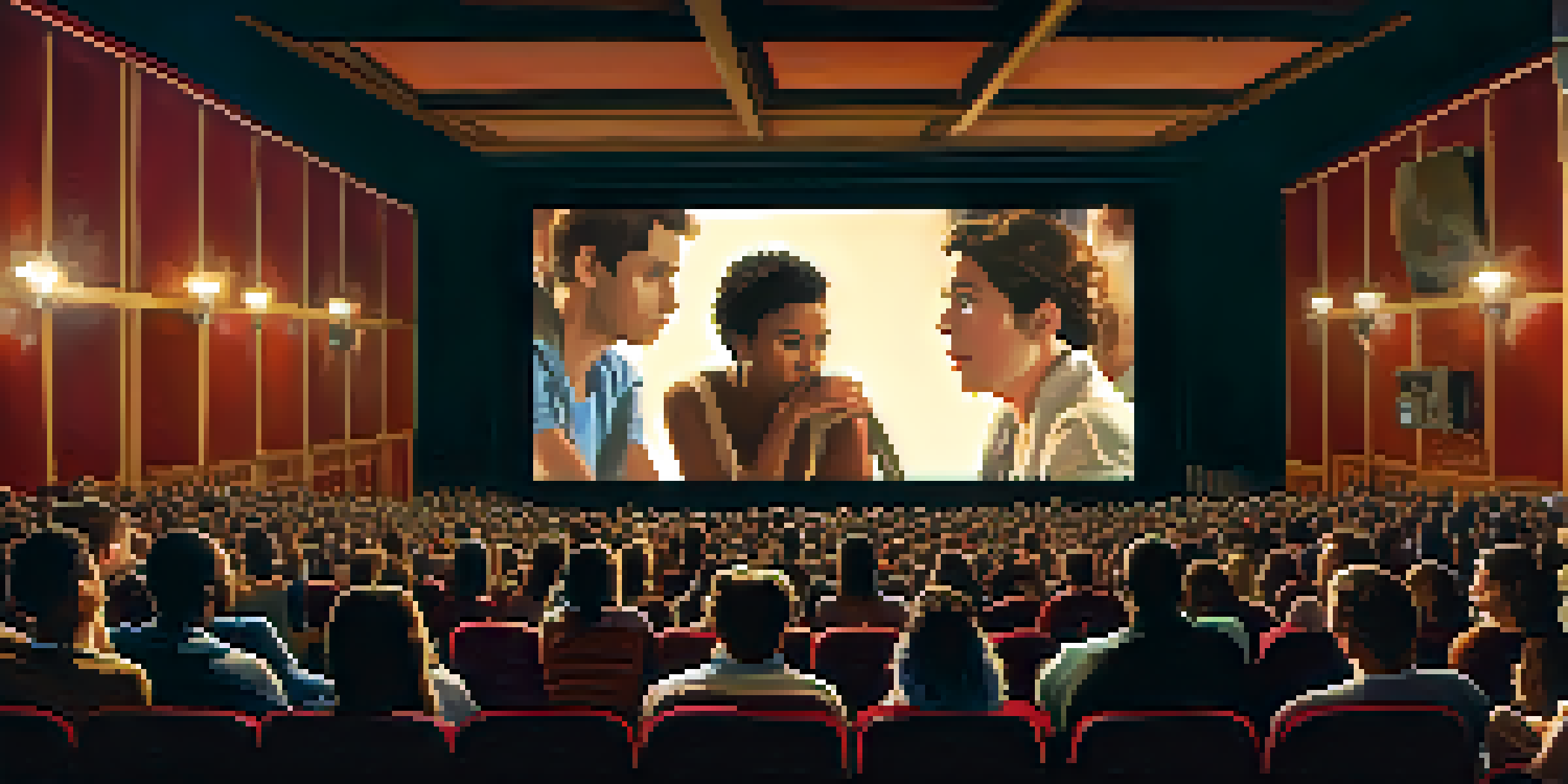A diverse audience engaged in watching a film in a packed cinema, with emotional expressions.