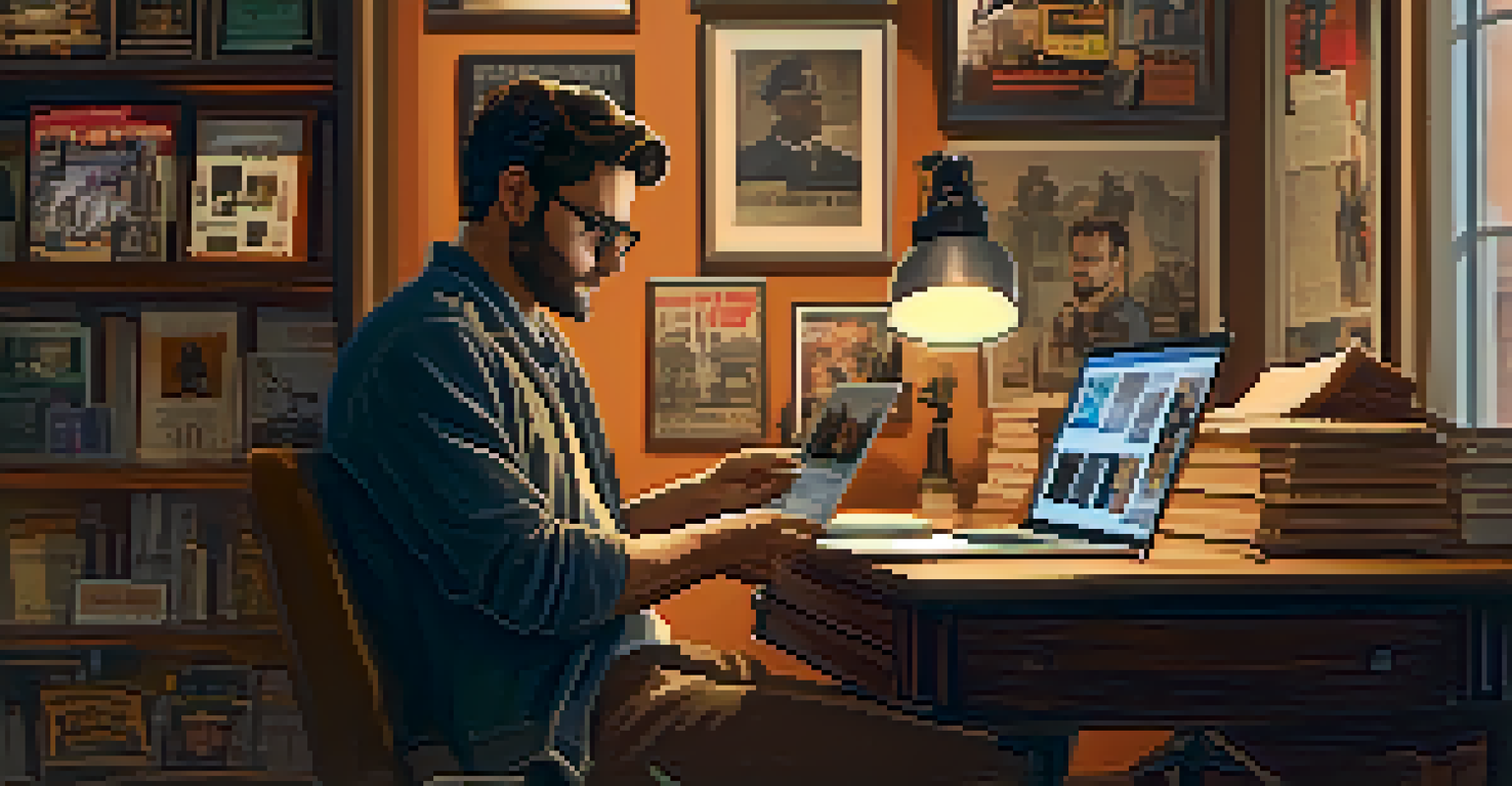 A filmmaker in an office reviewing a historical script on a laptop, surrounded by movie posters and history books.