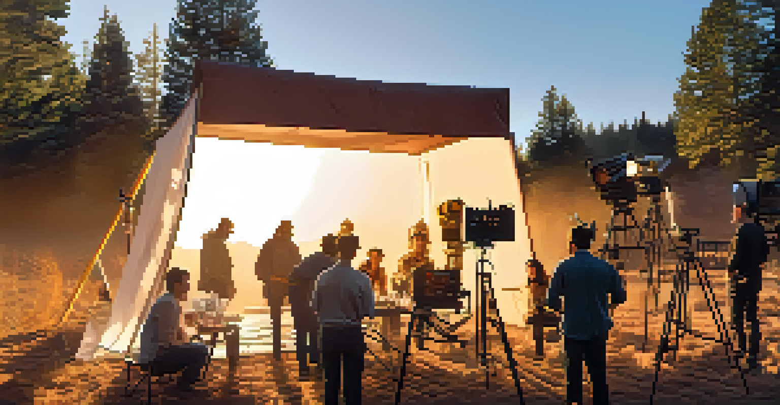 A diverse film crew collaborating on a set during golden hour, with warm sunlight and scenic backdrop.