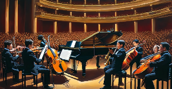 A diverse group of musicians playing various instruments in a grand concert hall, illuminated by warm lighting.