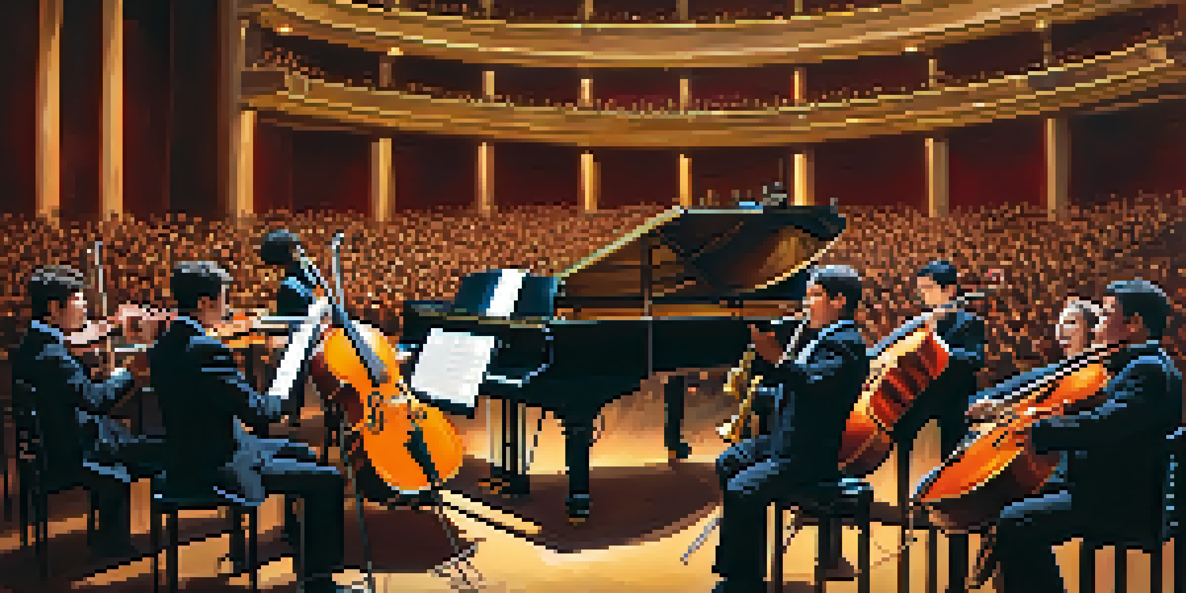 A diverse group of musicians playing various instruments in a grand concert hall, illuminated by warm lighting.