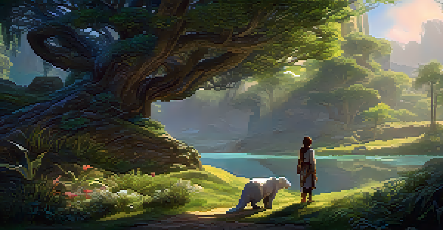 A character interacting with a mystical creature in a warm, fantasy landscape.