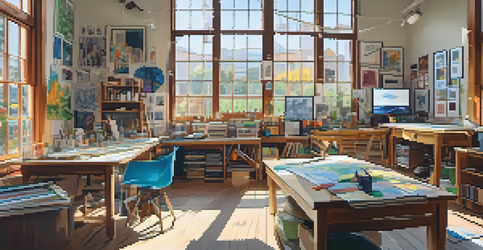 An animation studio bustling with artists working on traditional animation techniques, filled with sketches and natural light.