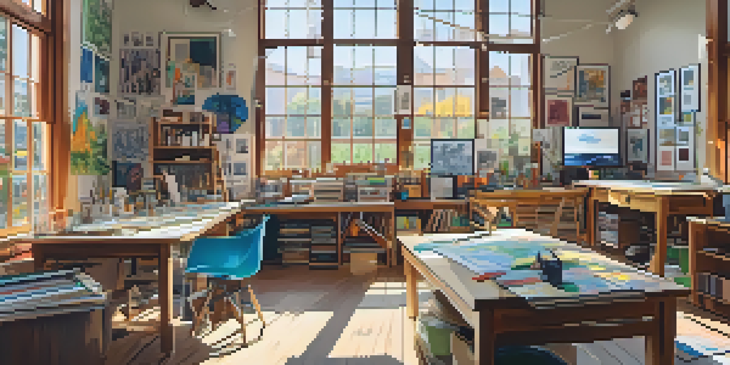 An animation studio bustling with artists working on traditional animation techniques, filled with sketches and natural light.