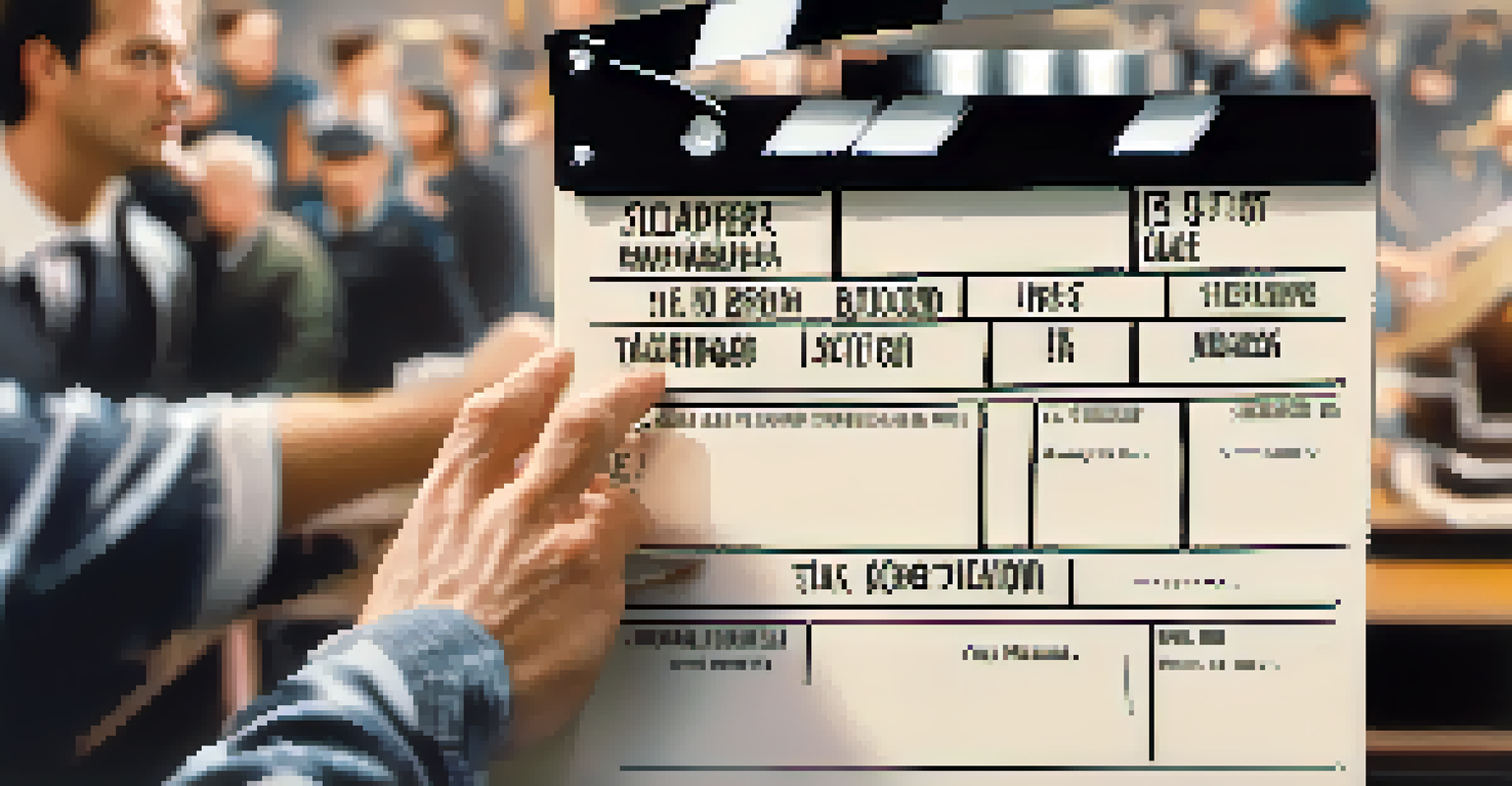 A close-up of a film producer's hands holding a clapperboard on a busy film set, emphasizing the details of production.