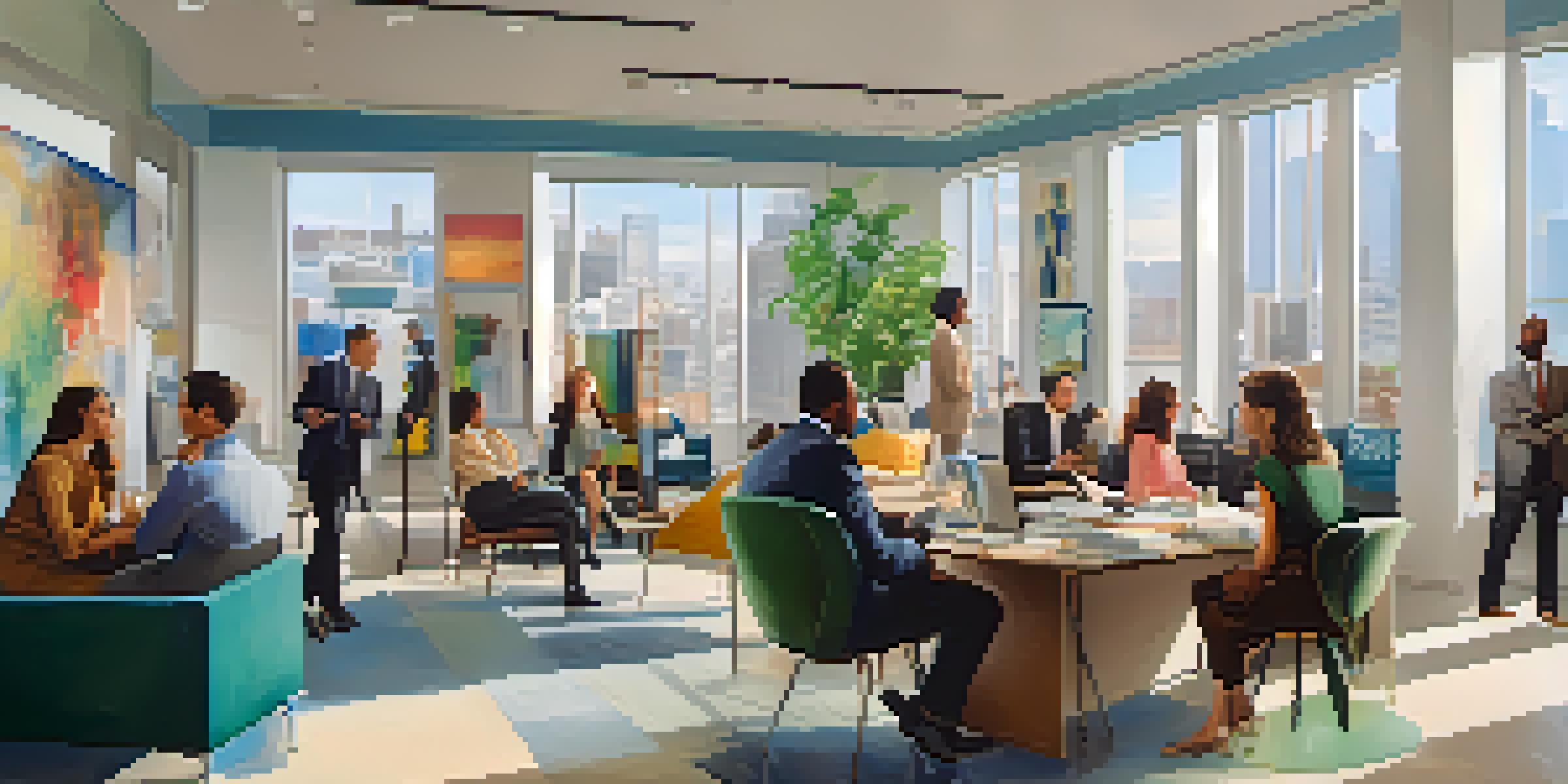 A lively talent agency office where agents are discussing contracts with diverse clients in a modern setting.
