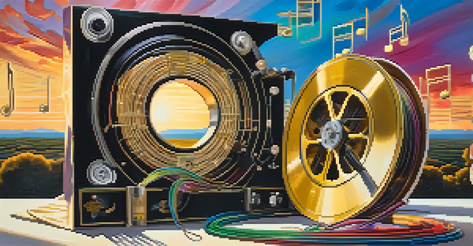 A creative landscape with a film reel unraveling across a vibrant background of musical notes and instruments, under a golden sunset sky.