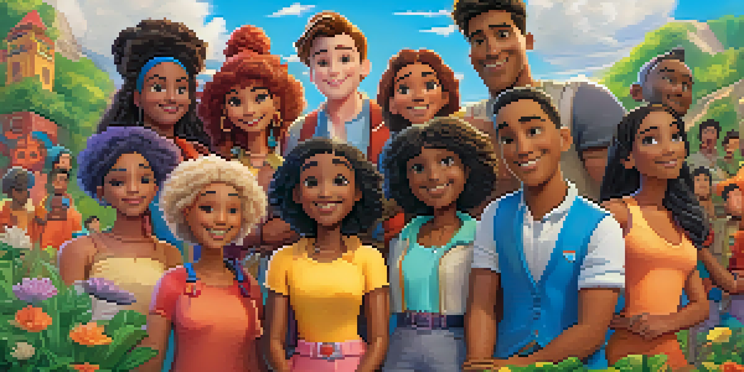 A diverse group of animated characters of different genders standing together in a colorful landscape, expressing joy and determination.