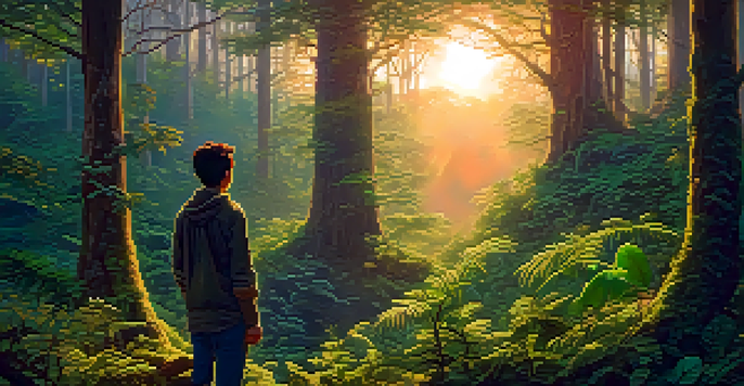 A character in a colorful forest at sunset, looking towards the horizon with a sense of wonder.